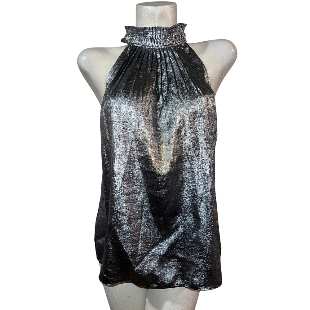 White House Black Market Silver Metallic Smocked Halter Neck Pleated Top Sz 14